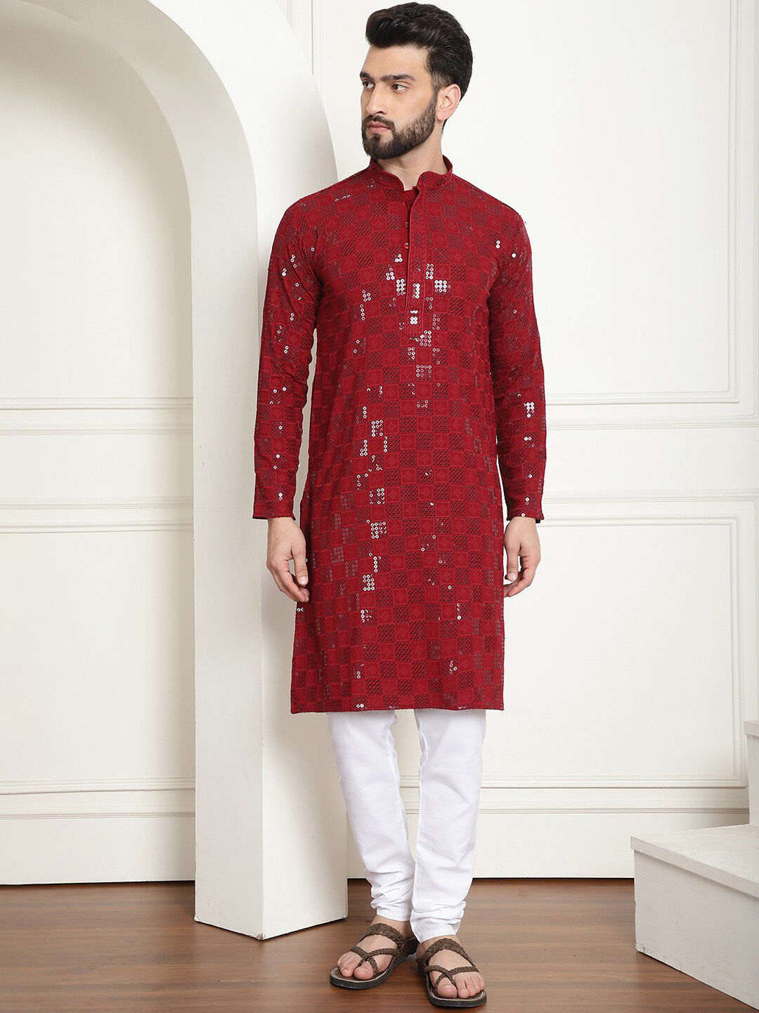 SOJANYA Geometric Embroidered Mandarin Collar Long Sleeves Sequinned Pure Cotton Kurta Set