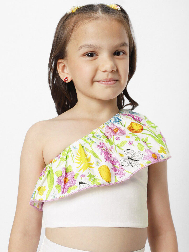 Nauti Nati Girls Printed One Shoulder Ruffles Pure Cotton Top with Trousers