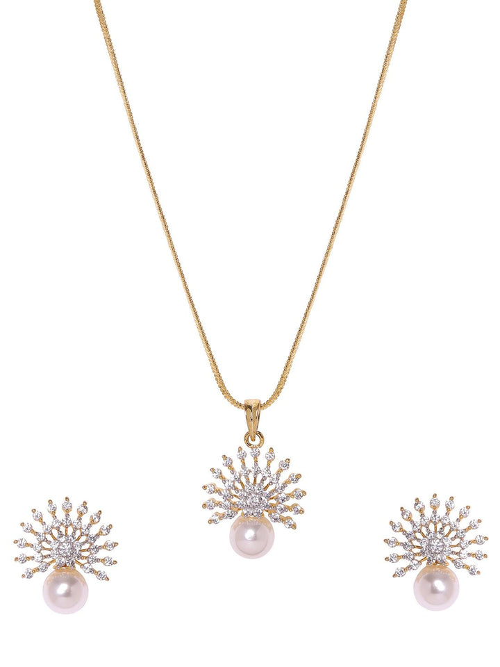 Rubans 22K Gold-Plated Cubic Zirconia and Pearl Studded Necklace Set with Sunburst Design