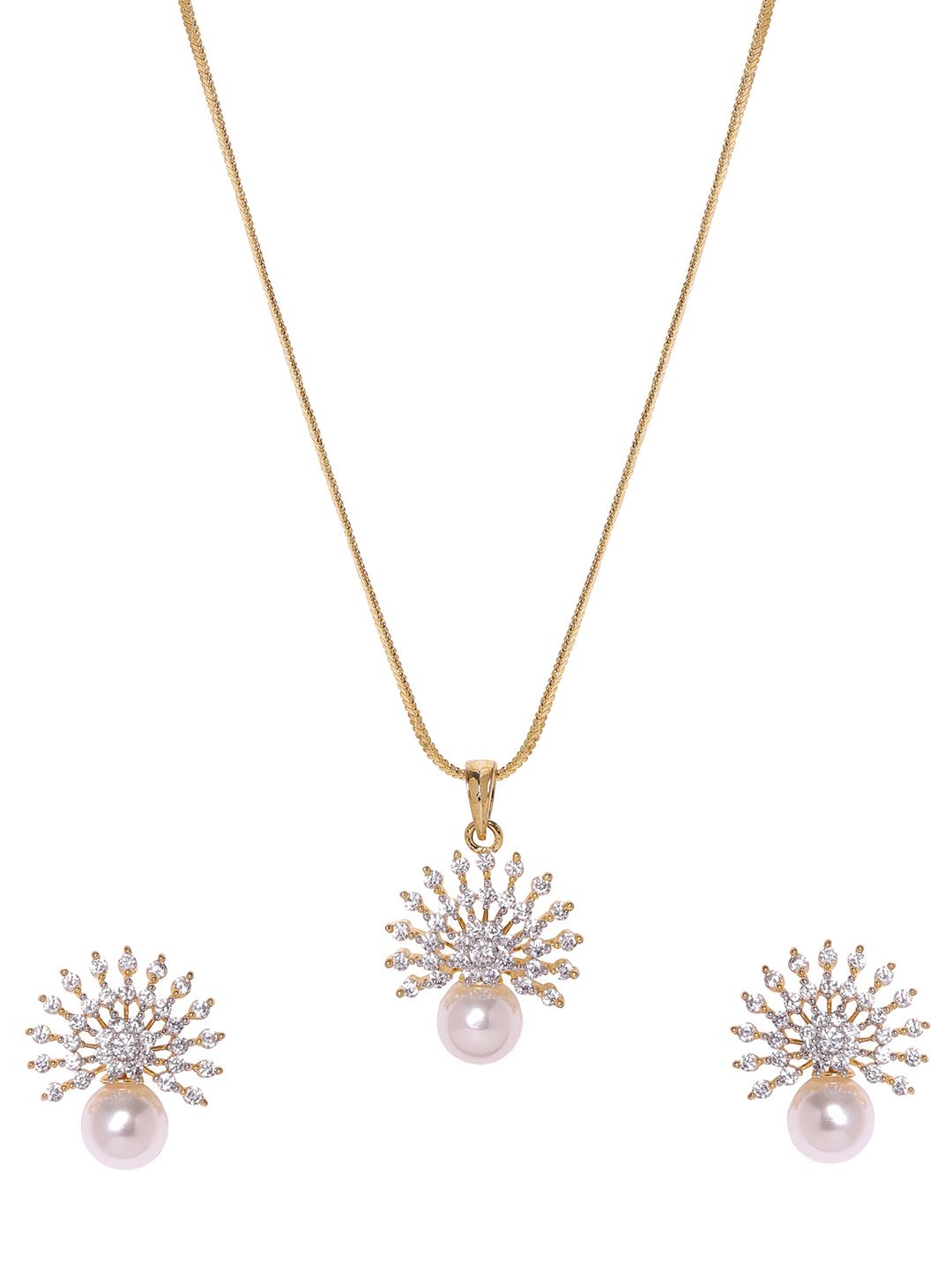 Rubans 22K Gold-Plated Cubic Zirconia and Pearl Studded Necklace Set with Sunburst Design
