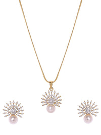 Rubans 22K Gold-Plated Cubic Zirconia and Pearl Studded Necklace Set with Sunburst Design