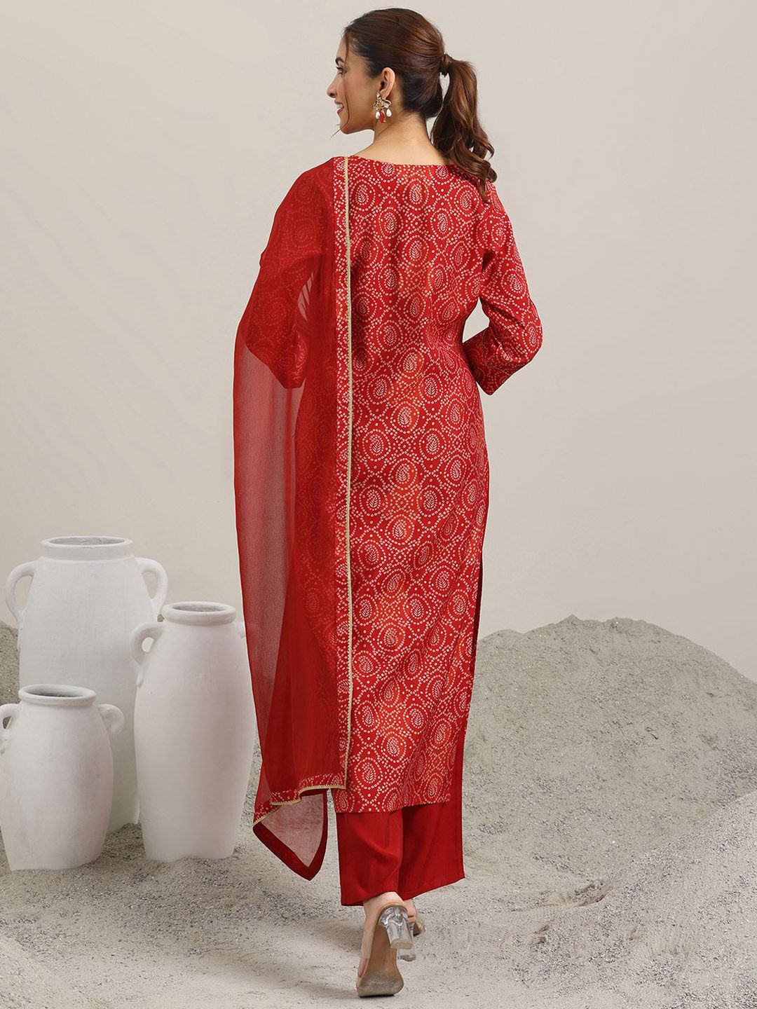 Libas Bandhani Printed Regular Gotta Patti Straight Kurta with Trousers & Dupatta