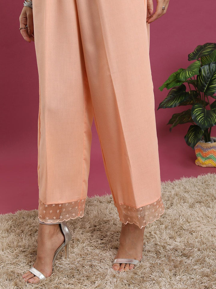 Vishudh Peach-Coloured Ethnic Motifs Yoke Design Thread Work Kurta With Palazzos & Dupatta