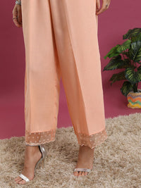 Vishudh Peach-Coloured Ethnic Motifs Yoke Design Thread Work Kurta With Palazzos & Dupatta