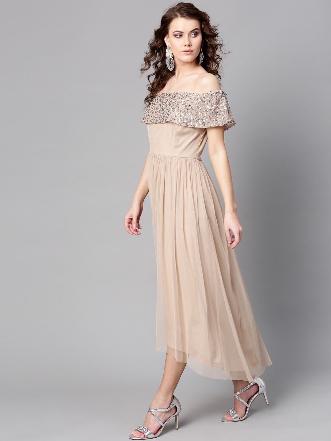 STREET 9 Women Beige Solid Net Off-Shoulder Maxi Dress