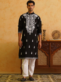 SOJANYA LUXE Ethnic Motifs Embroidered Thread Work Mandarin Collar Cotton Straight Kurta