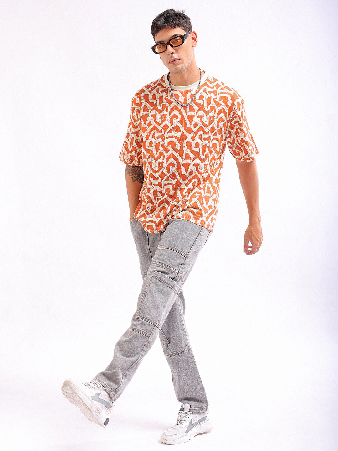 The Indian Garage Co Men All Over Printed Boxy Oversized Round Neck T-shirt