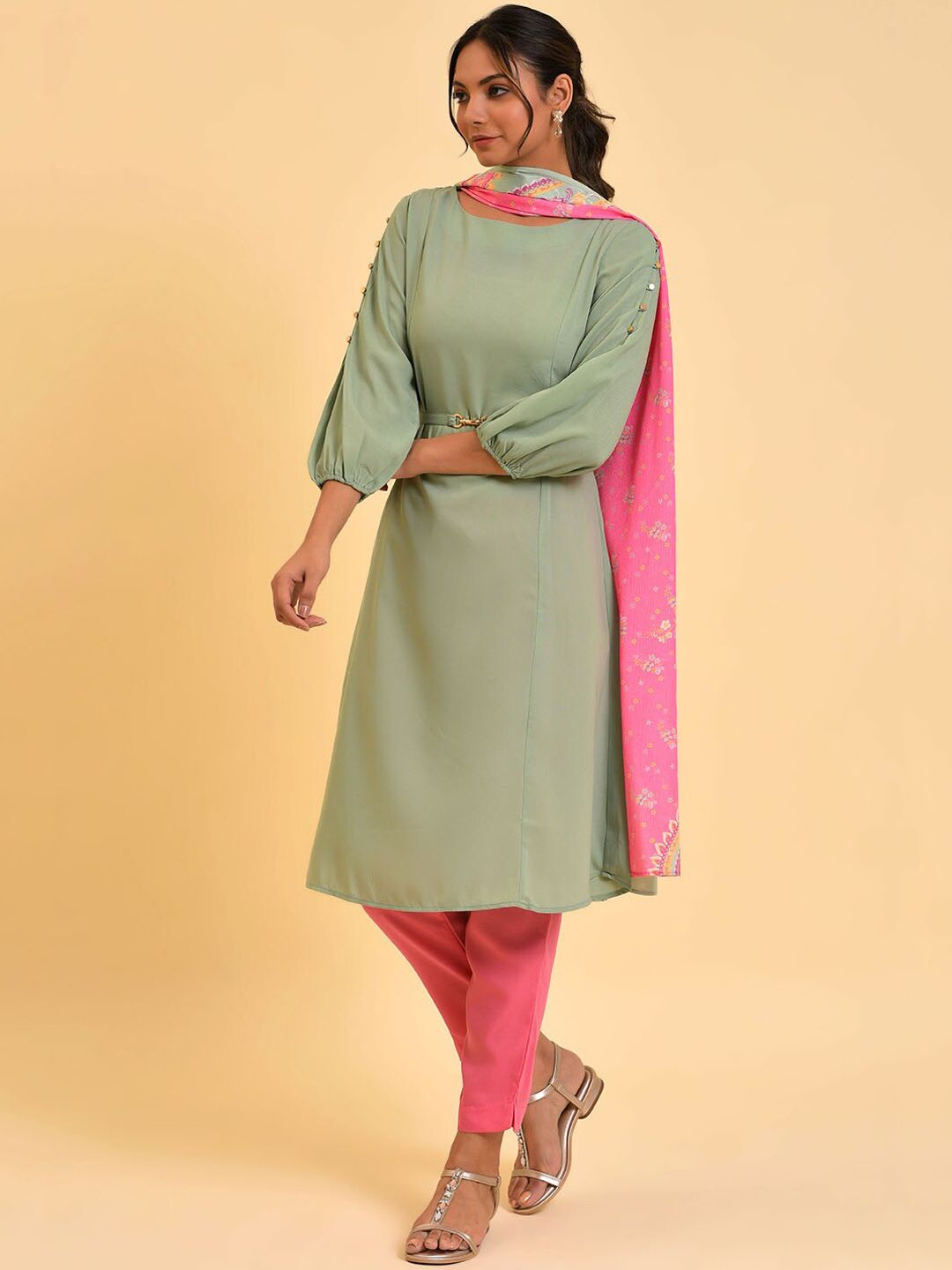 W Women Solid Kurta With Slim Pant & Dupatta