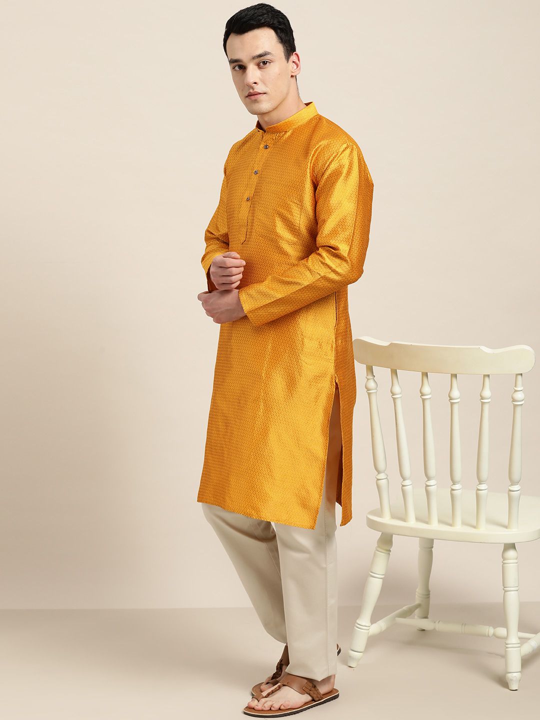 SOJANYA Men Mustard Yellow Woven Design Straight Kurta