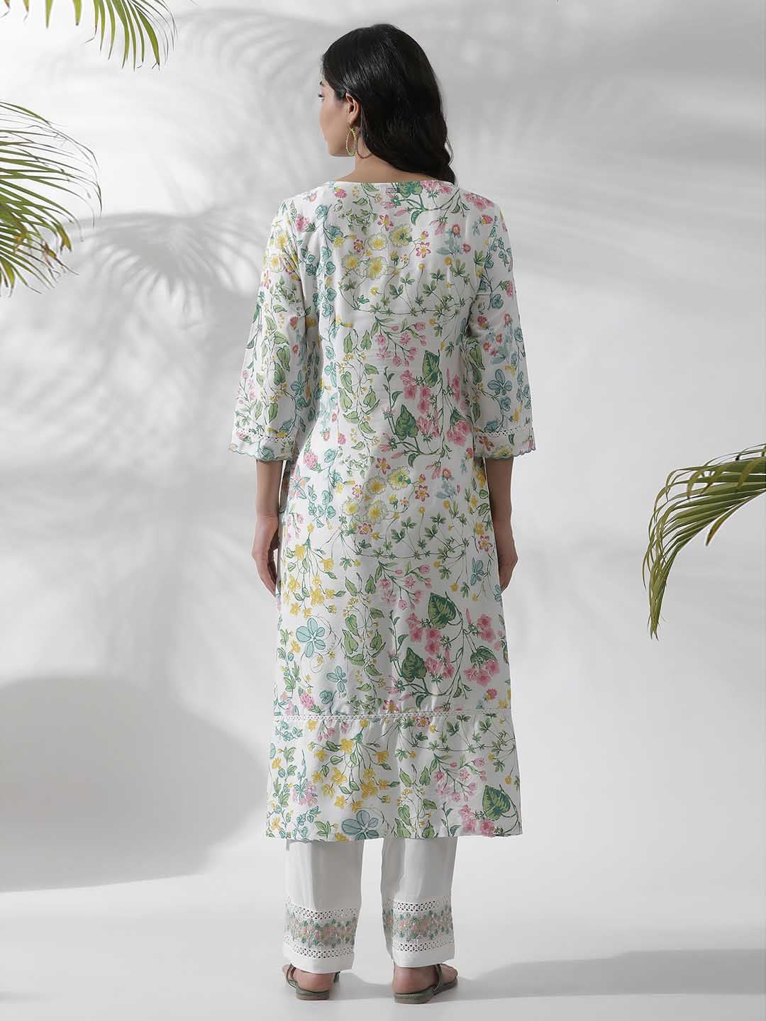 W White Floral Printed Straight Kurta