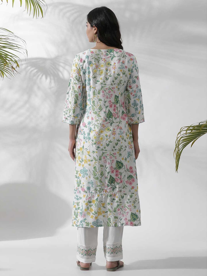 W White Floral Printed Straight Kurta