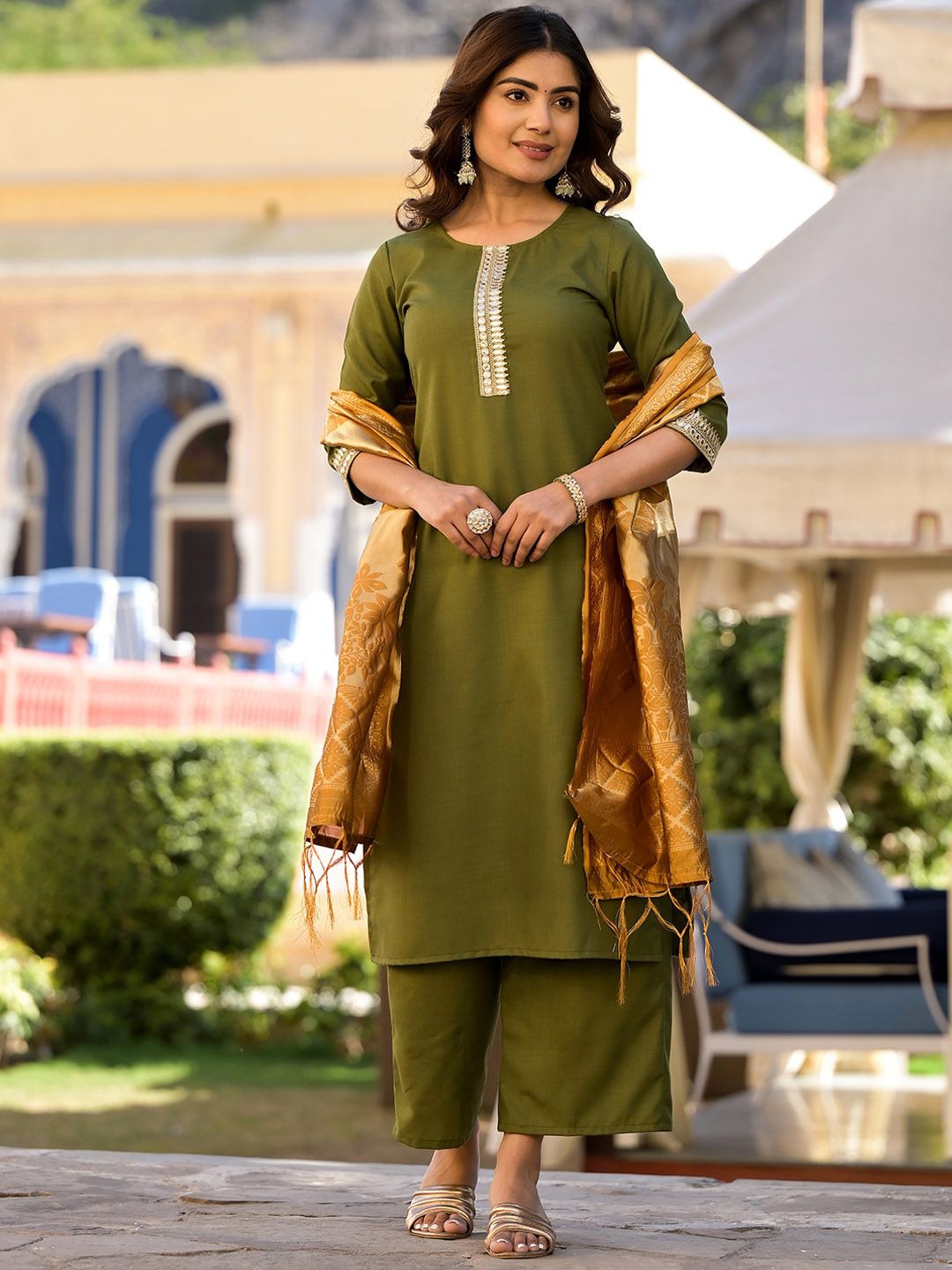 Vishudh Green & Gold Toned Round Neck Embellished Straight Kurta & Palazzos With Dupatta