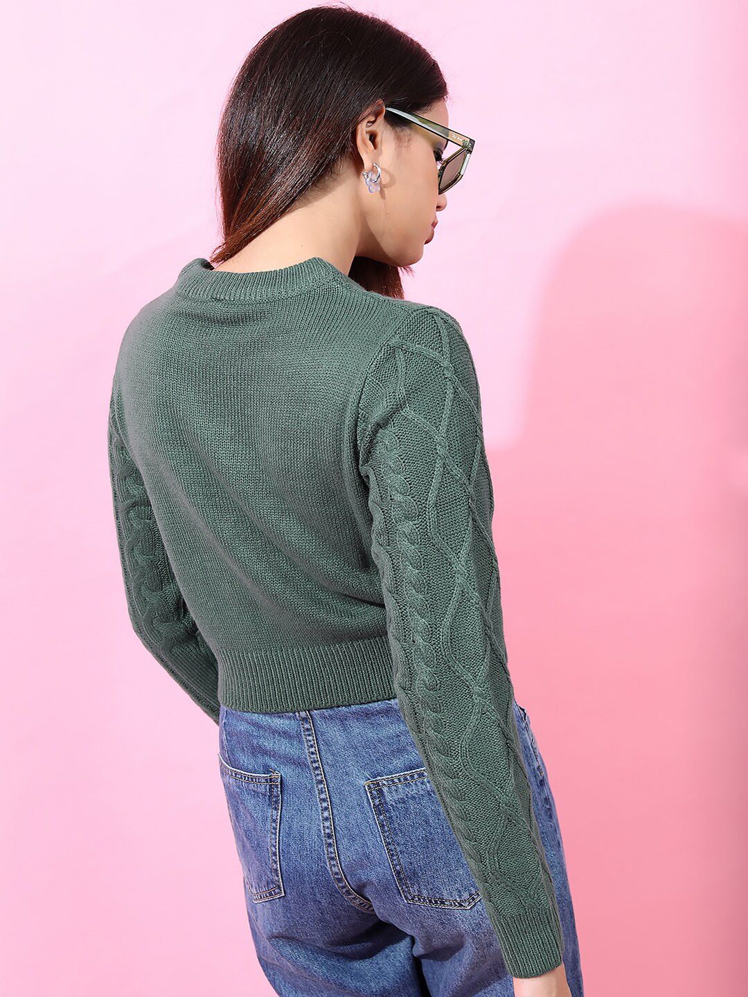 Tokyo Talkies Women Stunning Green Cable Knit Sweater