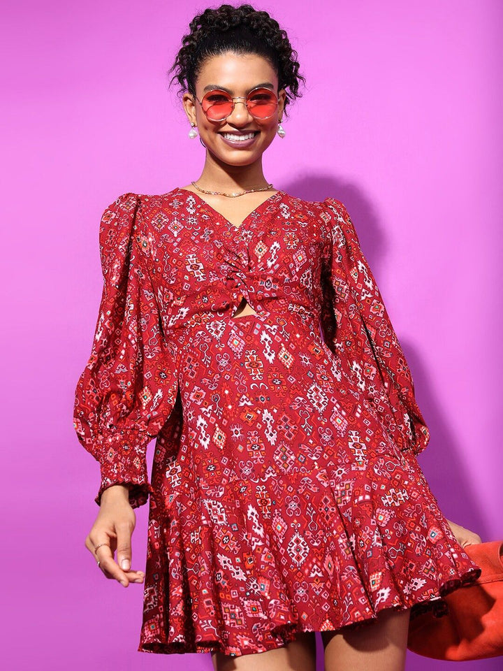 Tokyo Talkies V-Neck Ethnic Motifs Printed Cut Out Mini Fit & Flare Dress