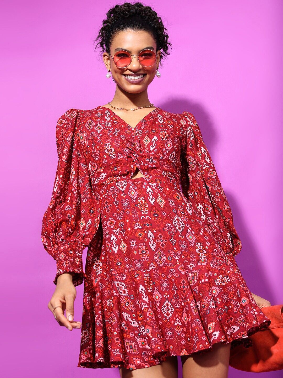 Tokyo Talkies V-Neck Ethnic Motifs Printed Cut Out Mini Fit & Flare Dress