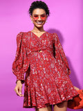 Tokyo Talkies V-Neck Ethnic Motifs Printed Cut Out Mini Fit & Flare Dress