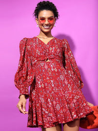 Tokyo Talkies V-Neck Ethnic Motifs Printed Cut Out Mini Fit & Flare Dress