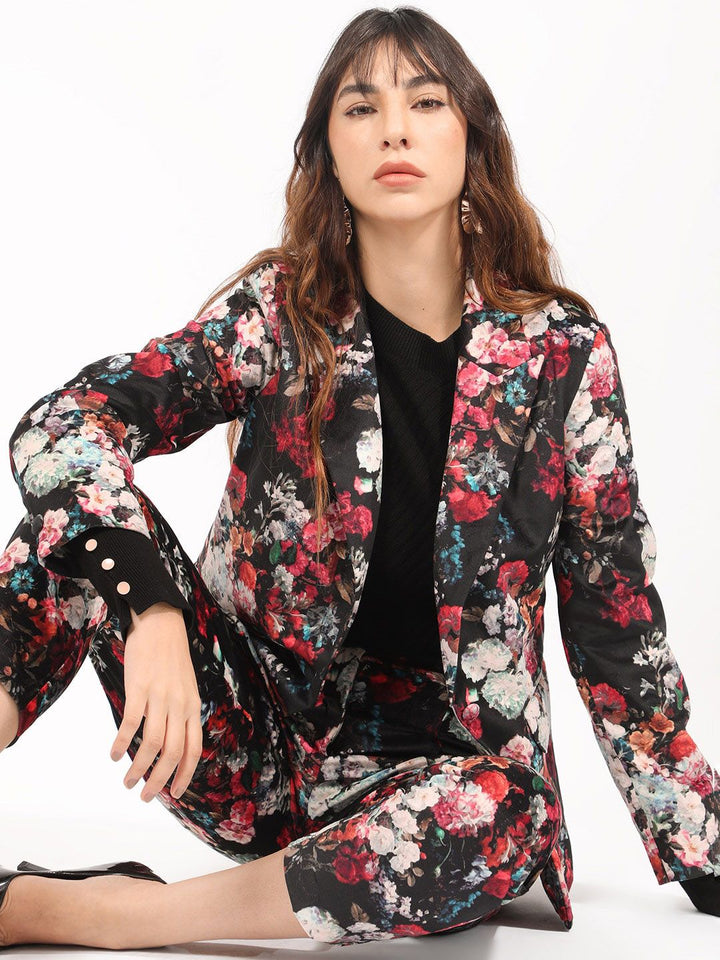 Rareism Floral Printed Slim-Fit Single-Breasted Blazer