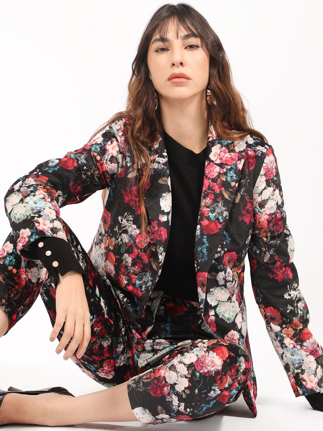 Rareism Floral Printed Slim-Fit Single-Breasted Blazer
