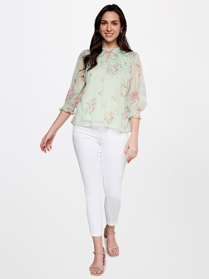 AND Floral Printed Tie-Up Neck Cuffed Sleeves Top