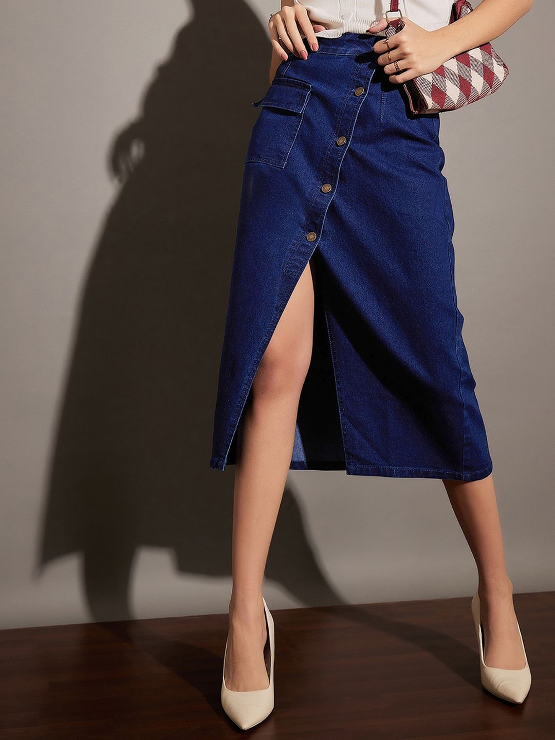 SASSAFRAS Front Button A-Line Denim Skirt