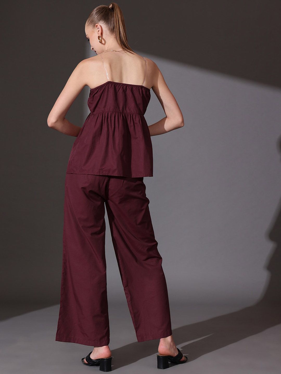 STREET 9 Solid Off Shoulder Pure Cotton Top & Palazzos Co-Ord Set
