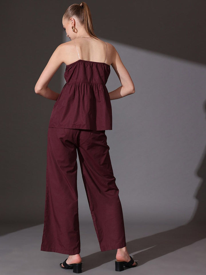 STREET 9 Solid Off Shoulder Pure Cotton Top & Palazzos Co-Ord Set