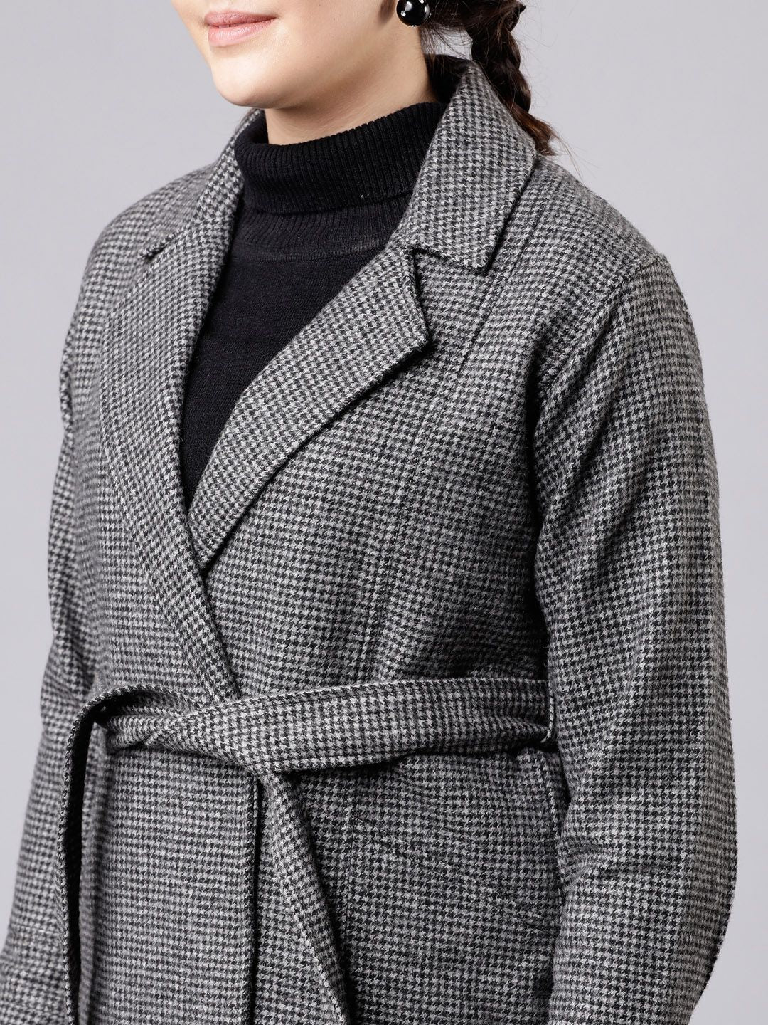 CHIC BY TOKYO TALKIES Women Grey Solid Houndstooth Trench Coat