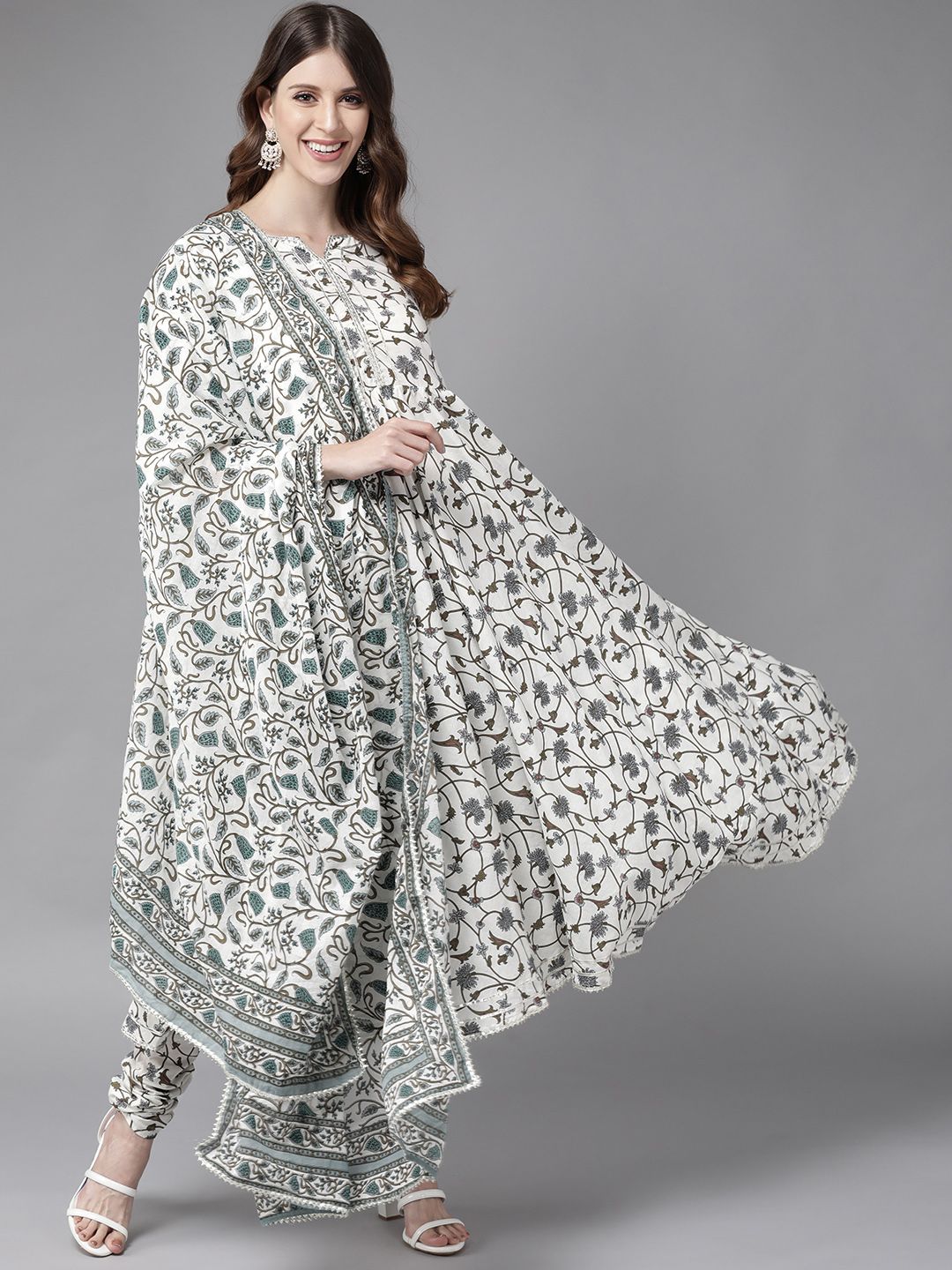 Libas Women White & Grey Floral Printed Pure Cotton Kurta with Churidar & With Dupatta