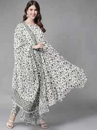 Libas Women White & Grey Floral Printed Pure Cotton Kurta with Churidar & With Dupatta