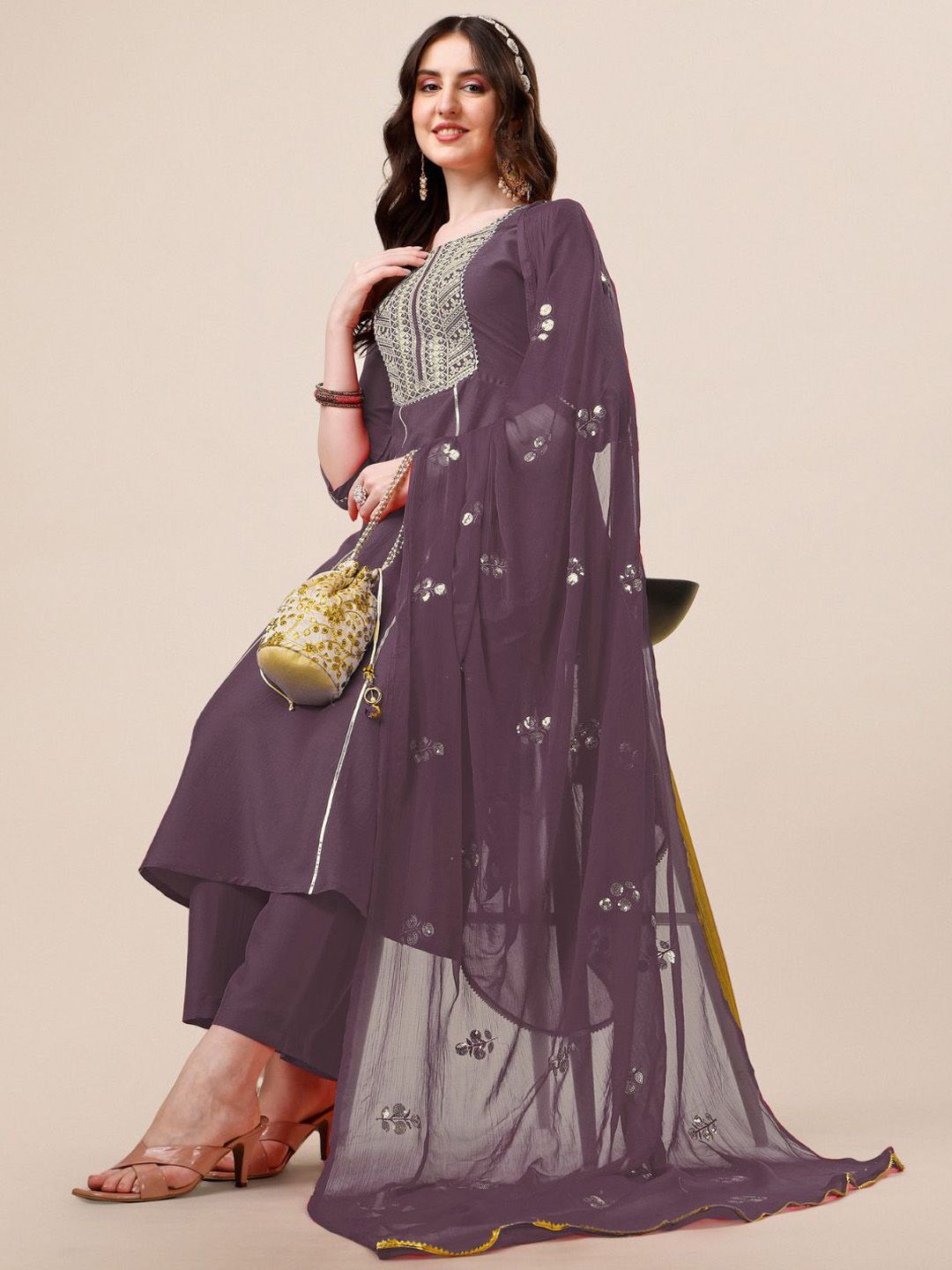 KALINI Ethnic Motifs Embroidered Sequinned Kurta with Palazzos & Dupatta