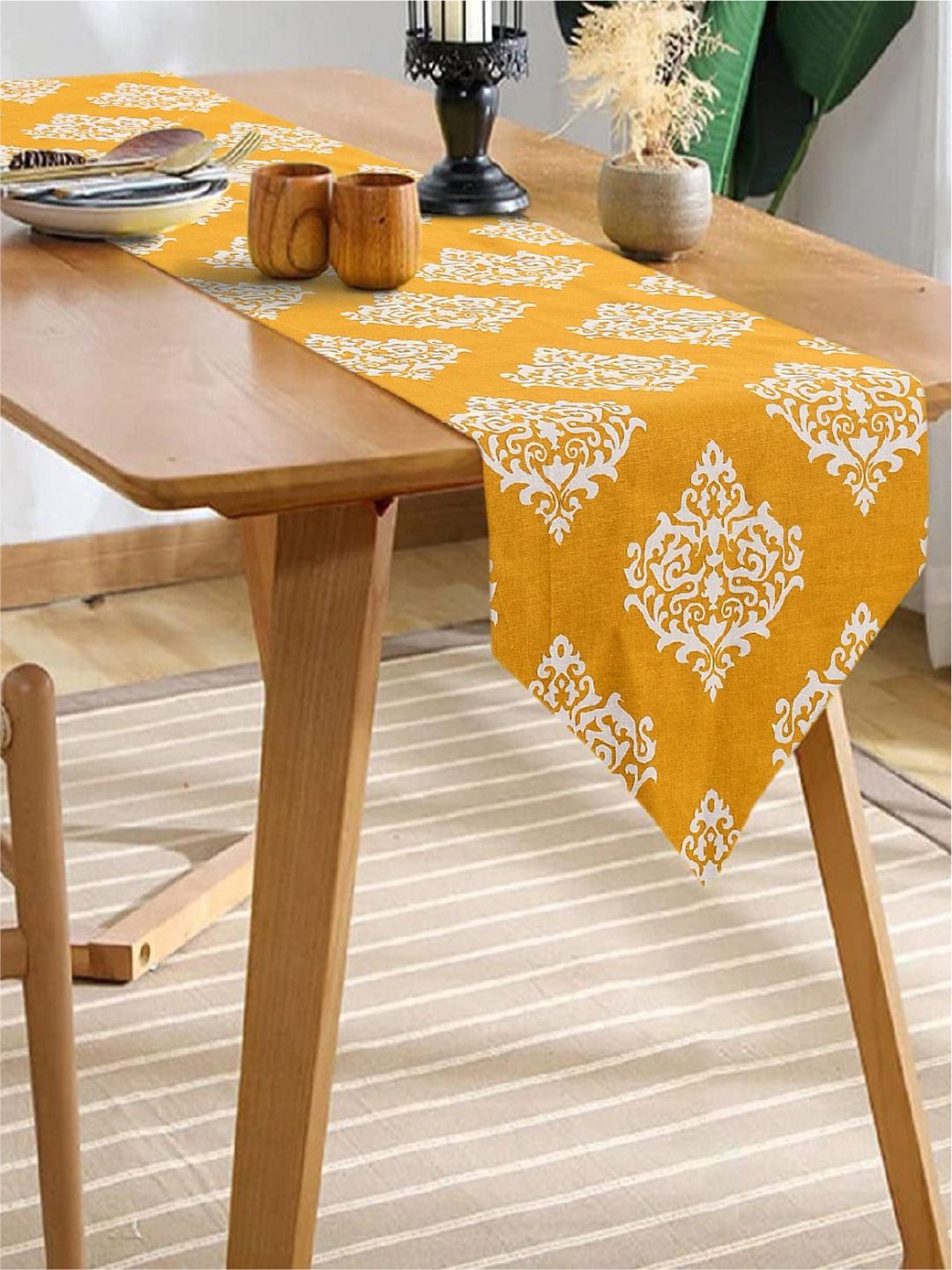 URBAN SPACE Mustard-Yellow & White Ethnic Motif Printed 6-Seater Pure Cotton Table Runners