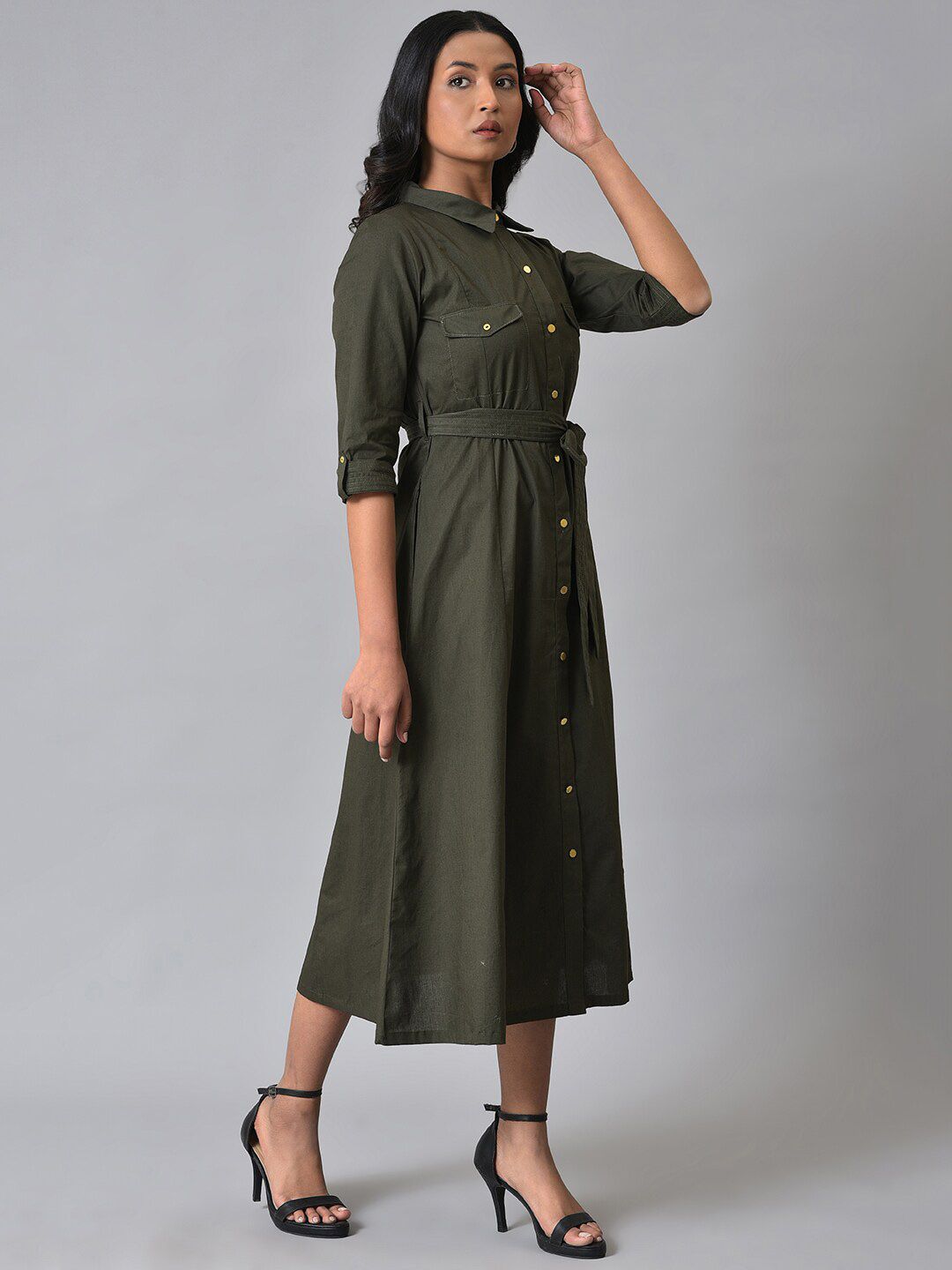 W Rool-Up Sleeves Pure Cotton Shirt Midi Dress