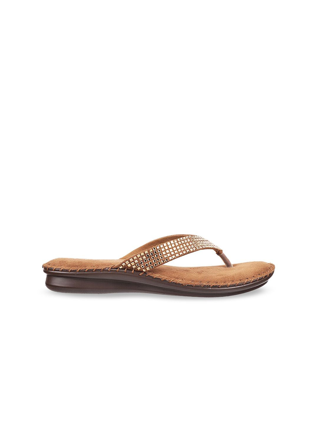 Metro Women Gold-Toned & Tan Brown Embellished Open Toe Flats