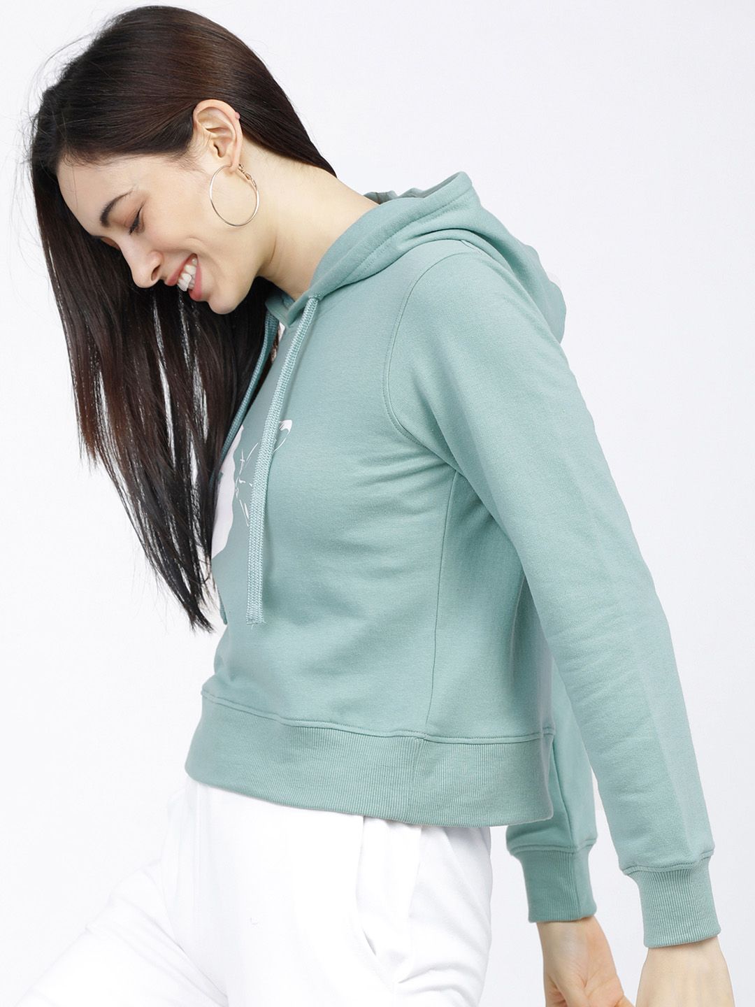 Tokyo Talkies Women Green & White Printed Hooded Sweatshirt