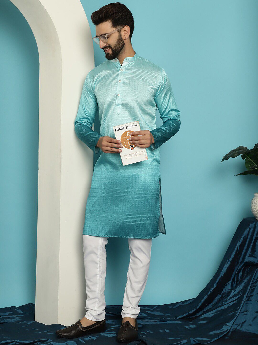 SOJANYA Geometric Woven Design Band Collar Jacquard Silk Kurta With Churidar
