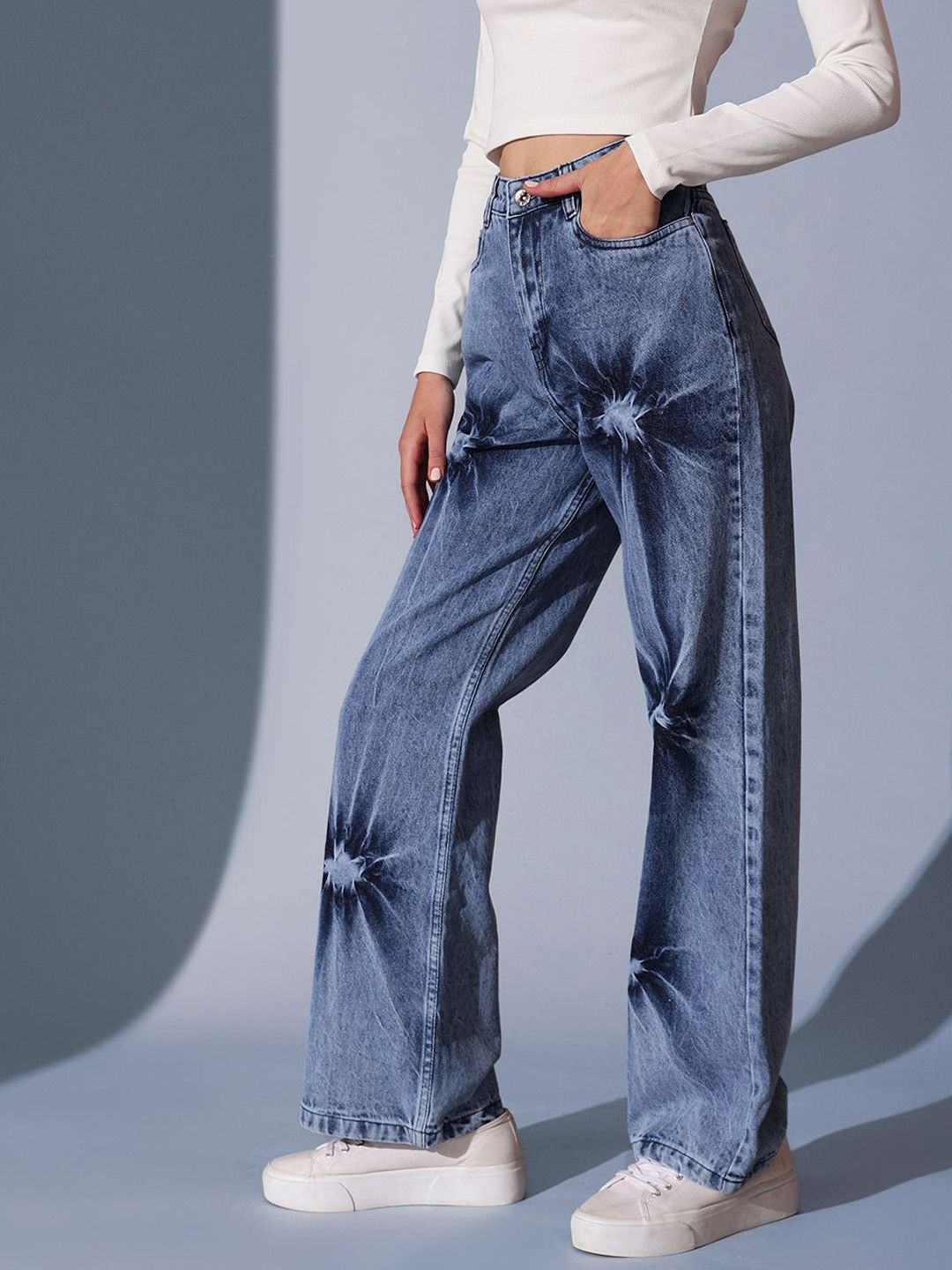 STREET 9 Women Comfort Wide Leg Pure Cotton High-Rise Heavy Fade Jeans