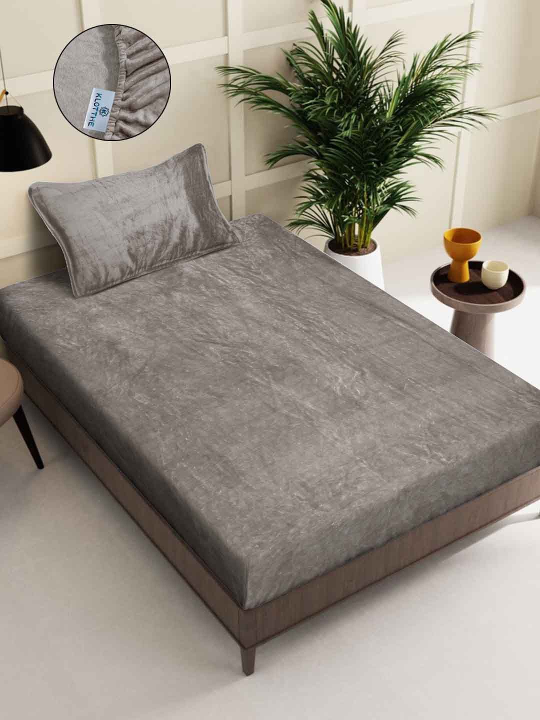 KLOTTHE Grey Solid Fitted 300 TC Woolen Bedsheet Single dengan 1 Sarung Bantal