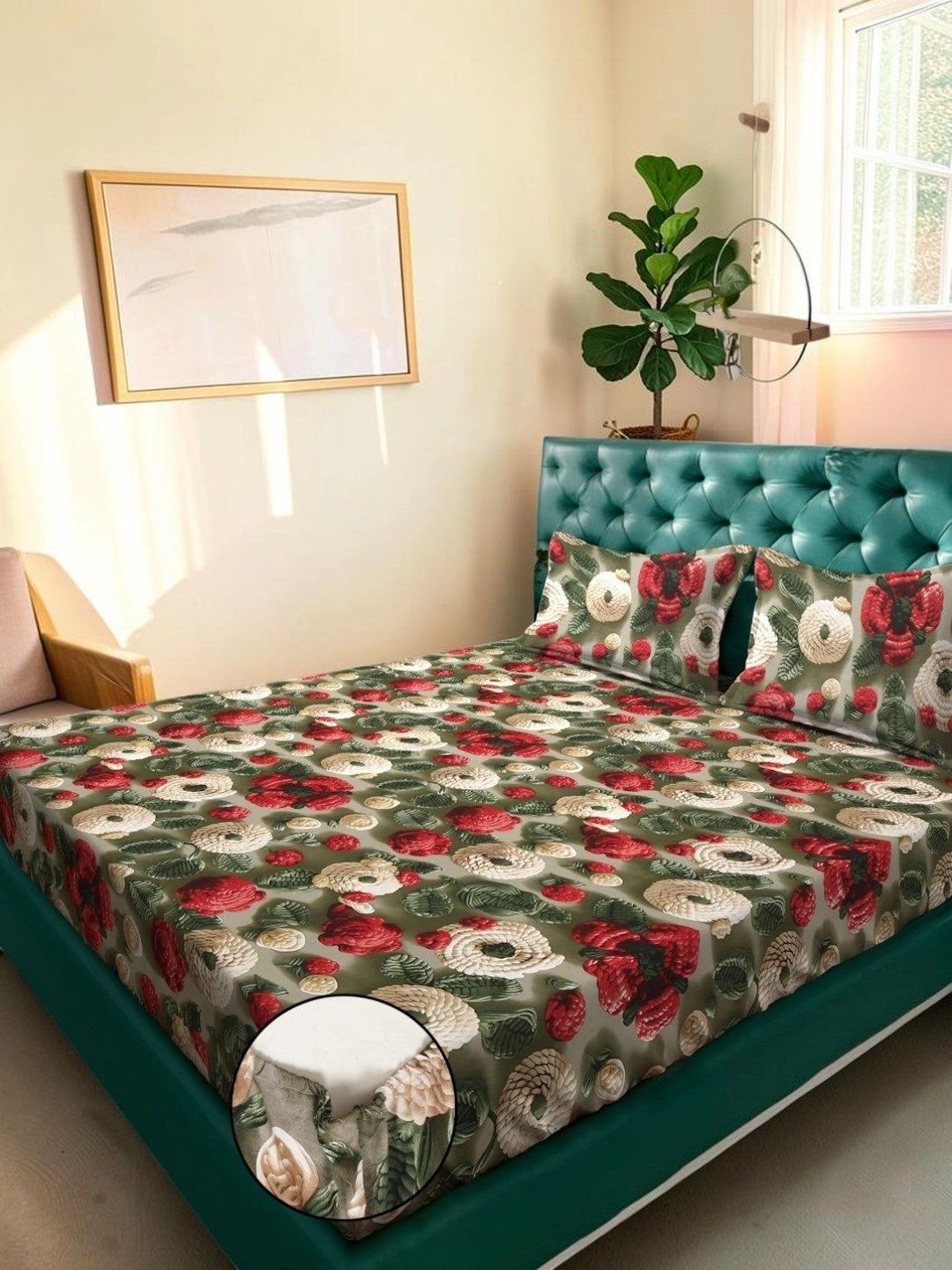 Moda Rapido X KLOTTHE Green & Red Floral 300 TC King Bedsheet with 2 Pillow Covers