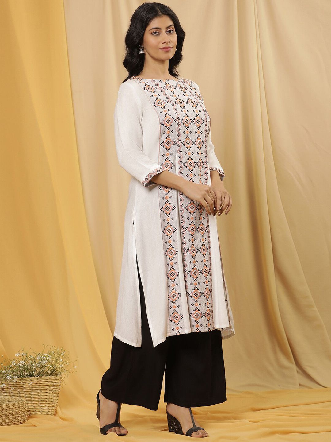 W Ethnic Motifs Embroidered Boat Neck Straight Kurta with Palazzo