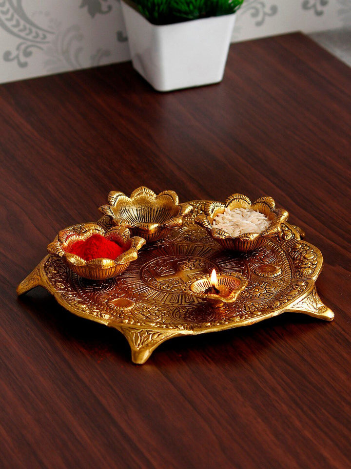 eCraftIndia Gold-Toned Swastik Pooja Thali Bowl & Diya Showpiece