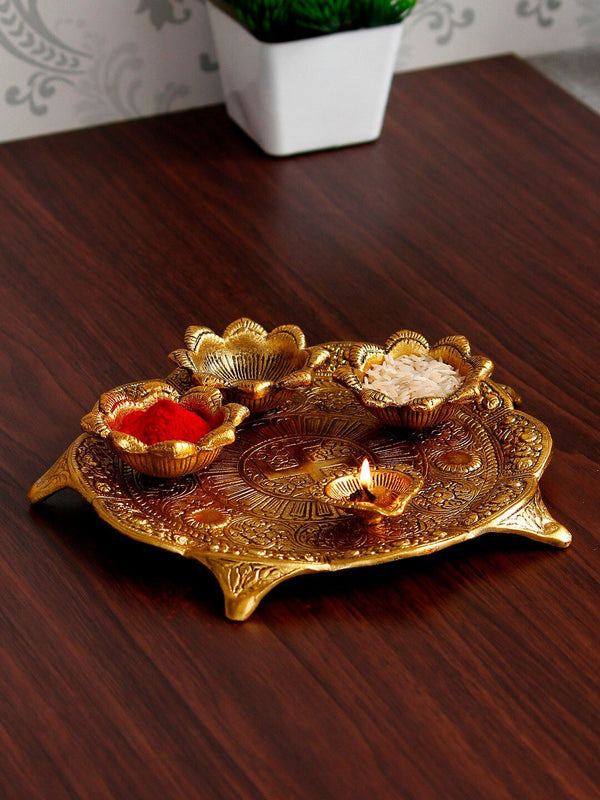 eCraftIndia Gold-Toned Swastik Pooja Thali Bowl & Diya Showpiece