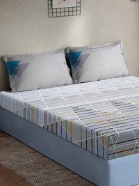 KLOTTHE White & Blue Printed 400 TC Cotton Fitted Super King Bedsheet & 2 Pillow Covers