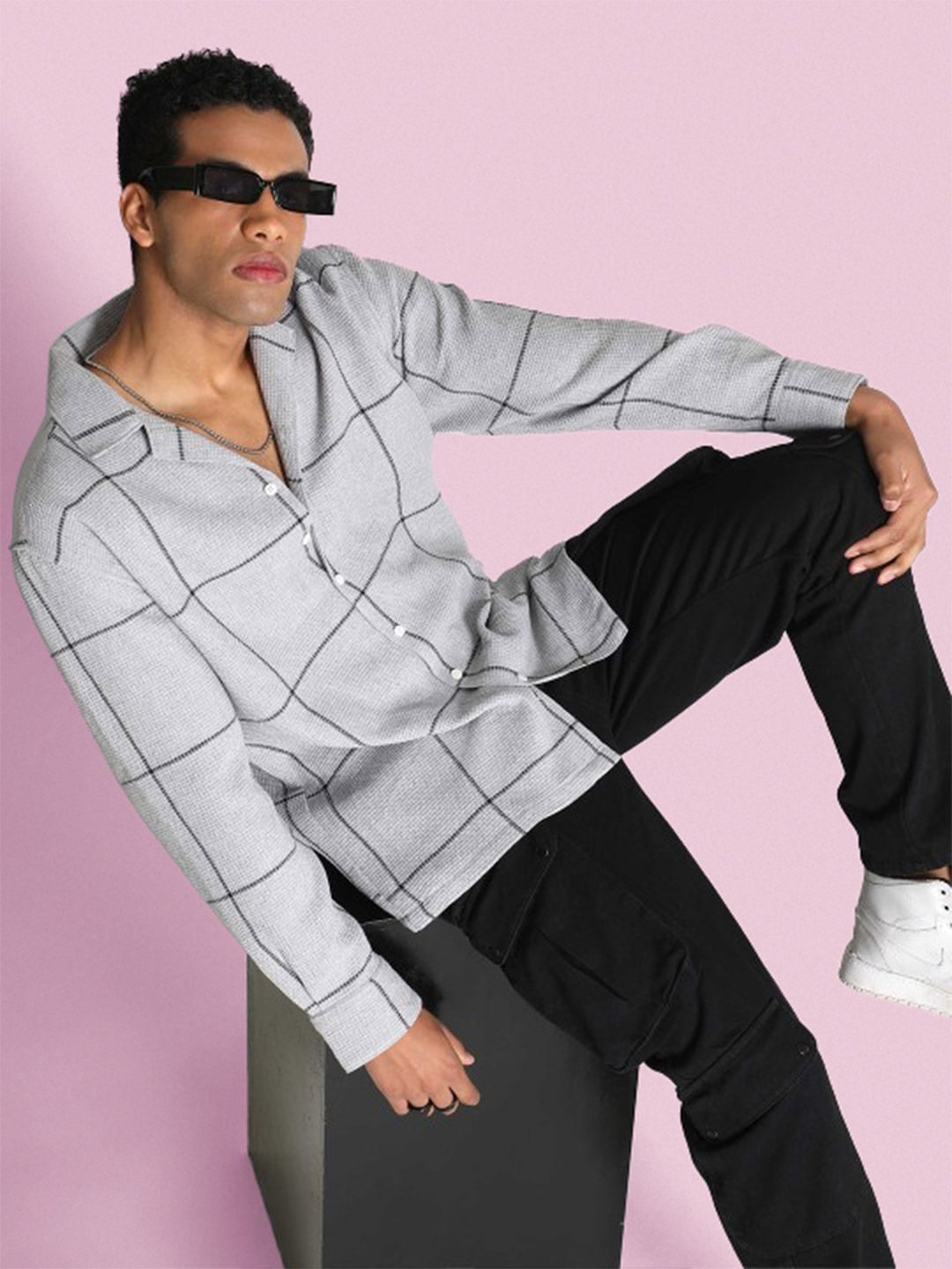 Bene Kleed Men Classic Cuban Collar Windowpane Checked Cotton Relaxed Fit Casual Shirt