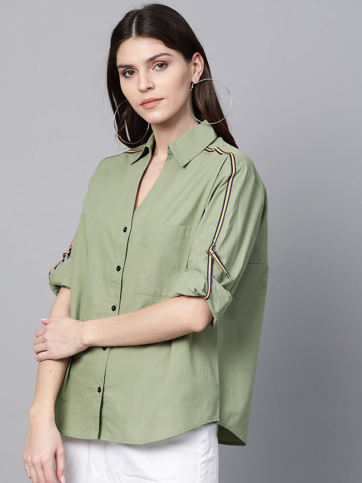 SASSAFRAS Women Green Solid Boxy Casual Shirt