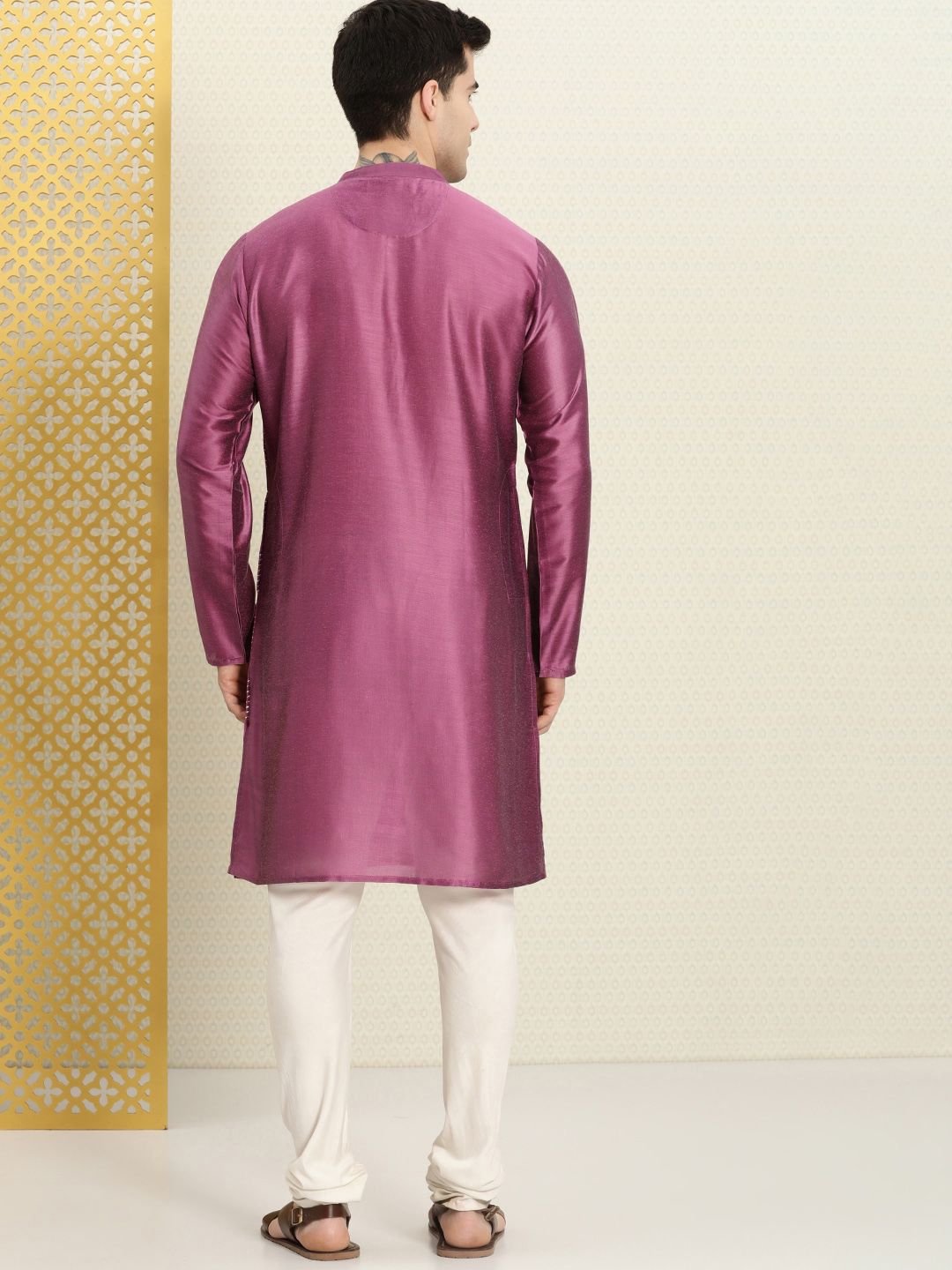 House of Pataudi Men Striped Band Collar Straight Rozana Kurta