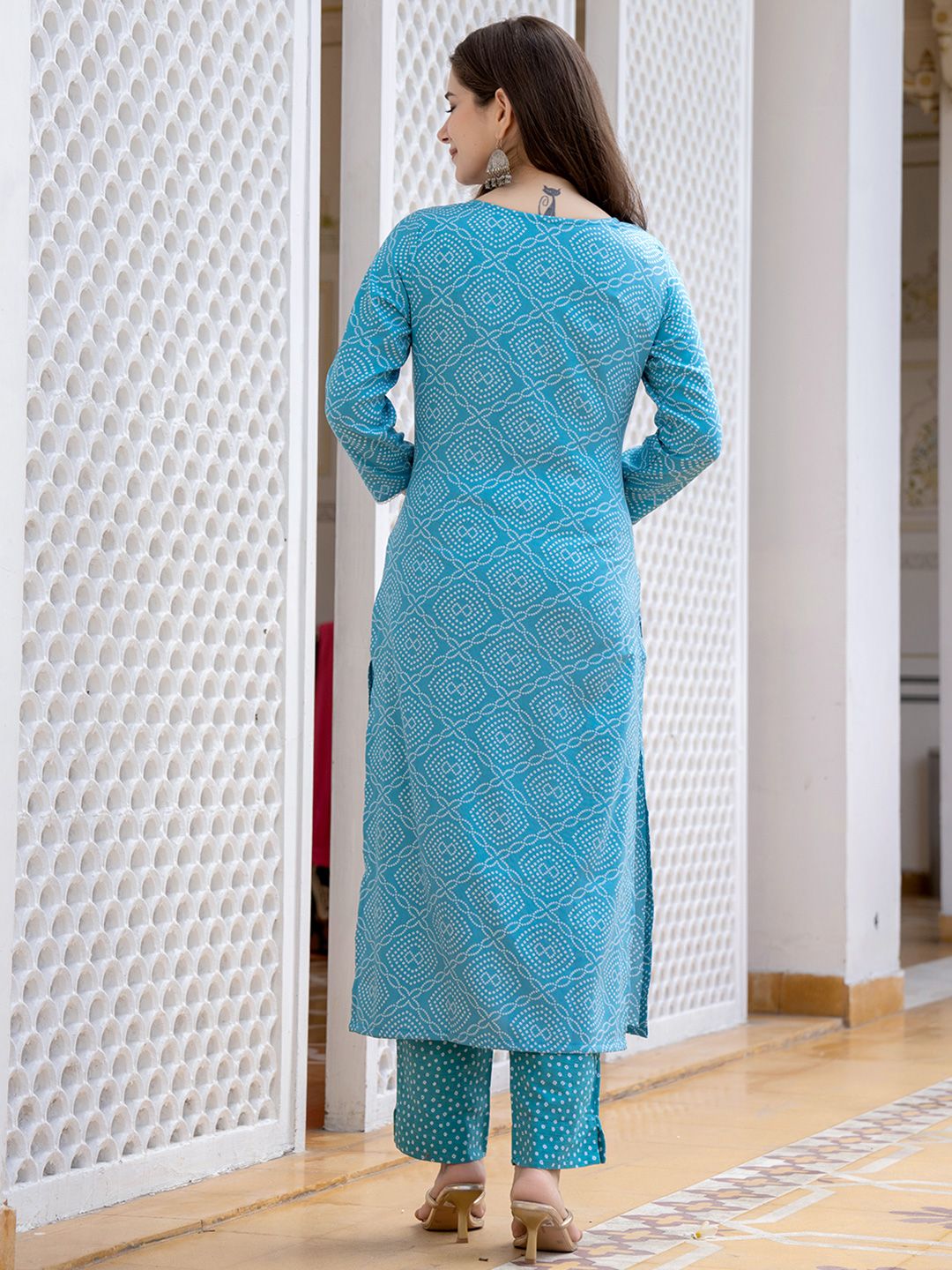 KALINI Bandhani Printed Regular Mirror Work Kurta With Trousers & Dupatta