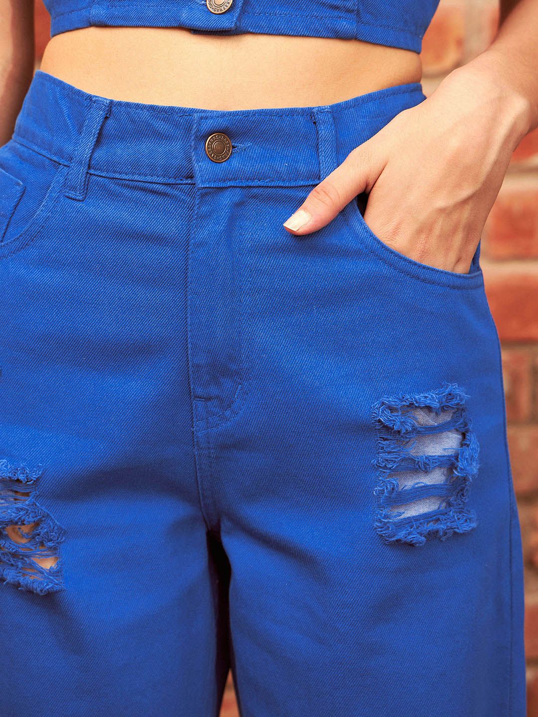 SASSAFRAS Women Blue Straight Fit High-Rise Highly Distressed Pure Cotton Jeans