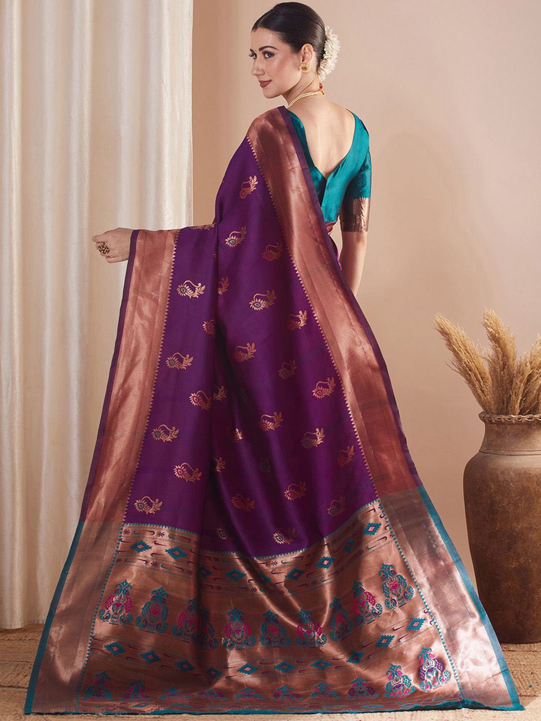 Saree mall Ethnic Motifs Woven Design Zari Paithani Sarees