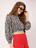 DressBerry Floral & Fabulous Holiday Fetish Printed Smocked Shirt Style Crop Top